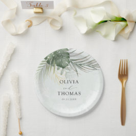 Modern Green Monstera Tropical Wedding Pappteller