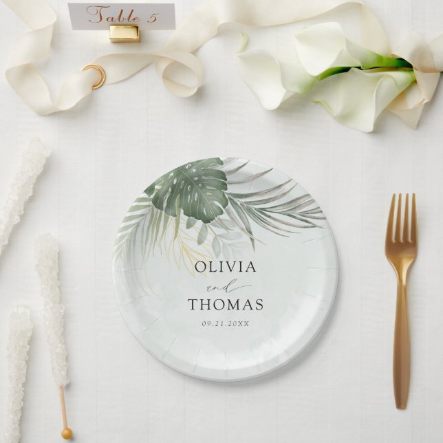 Modern Green Monstera Tropical Wedding Pappteller (Hochzeit)