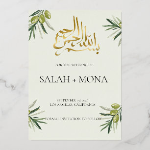 Modern Green Olive Branch Islamische Hochzeit Folieneinladung