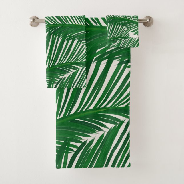 Modern Green Palm Leaf Tropical Pattern Badhandtuch Set (Insitu)