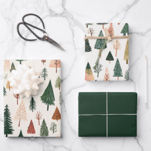 Modern Green Pink Gold Weihnachtsbäume Geschenkpapier Set
