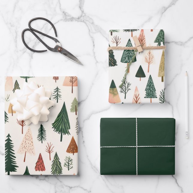 Modern Green Pink Gold Weihnachtsbäume Geschenkpapier Set (Vorderseite)