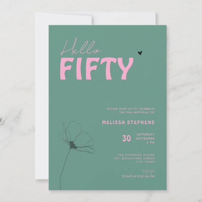 Modern Green Pink Hello Fifty Typo 50th Birthday Einladung (Vorderseite)