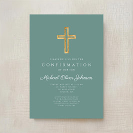 Modern Green Religious Cross Boy Confirmation Einladung