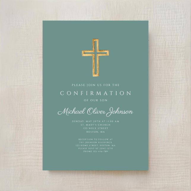 Modern Green Religious Cross Boy Confirmation Einladung (Modern Green Religious Cross Boy Confirmation Invitation)