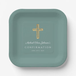Modern Green Religious Cross Boy Confirmation Pappteller