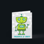 Modern Green Robot Boys Birthday Party Dankeskarte<br><div class="desc">Robot themed Dankeschön Notizen für Kinder bietet einen niedlichen futuristischen Roboter,  der Limon,  grün und aquamarin mit grauen mechanischen Gängen im Hintergrund schwenkt. "Dank einem 'bot' Text kann personalisiert sein.</div>