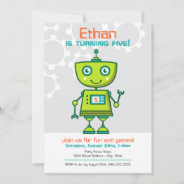 Modern Green Robot Boys Birthday Party Einladung