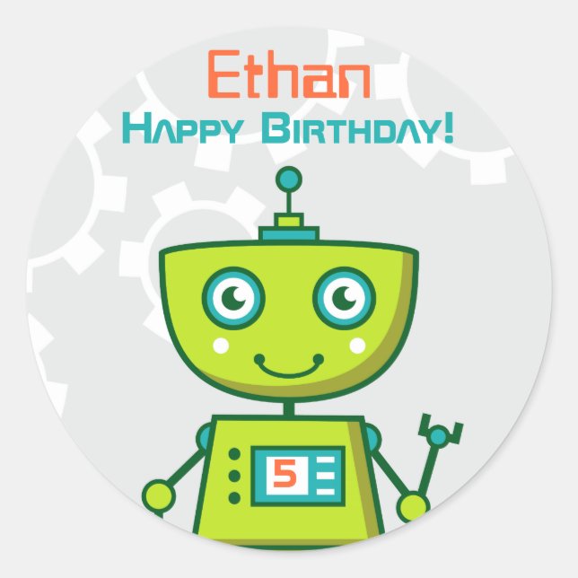 Modern Green Robot Boys Birthday Party Runder Aufkleber (Vorderseite)