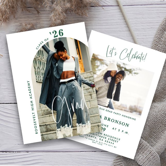 Modern Green Script Photo 2024 Minimal Grad Party  Einladung (Von Creator hochgeladen)