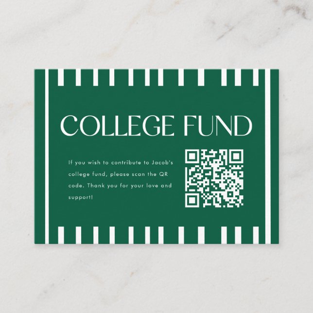 Modern Green Striped College Fund QR Code Begleitkarte (Vorderseite)