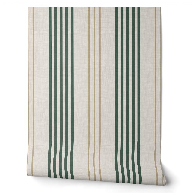 Modern Green Ticking Stripe Linen Texture Tapete (Abrollen)