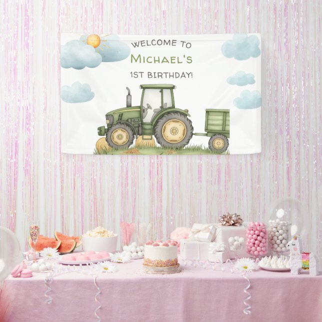 Modern Green Tractor 1st Birthday Party Banner (Party)