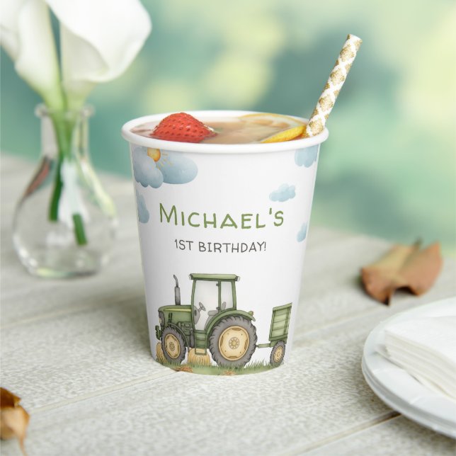 Modern Green Tractor 1st Birthday Party Pappbecher (In Situ)