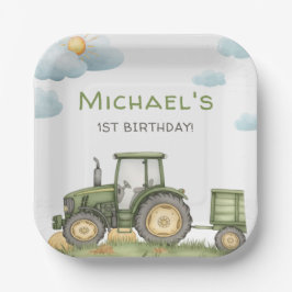 Modern Green Tractor 1st Birthday Party Pappteller