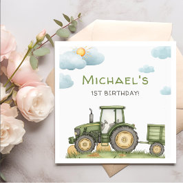 Modern Green Tractor 1st Birthday Party Serviette