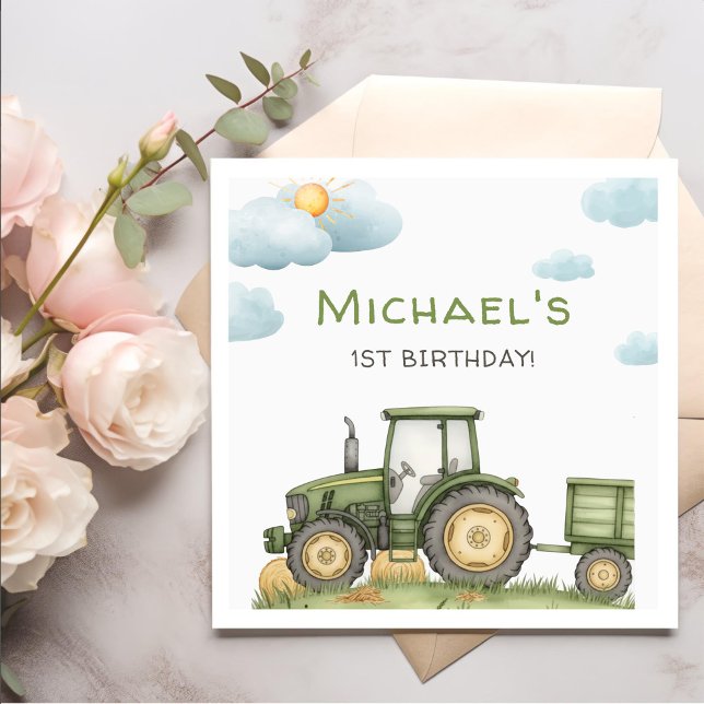 Modern Green Tractor 1st Birthday Party Serviette (Von Creator hochgeladen)