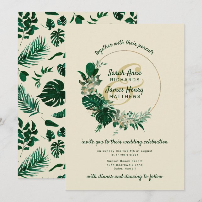 Modern Green Tropical Leaf Circle Wreath Wedding Einladung (Vorne/Hinten)