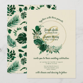 Modern Green Tropical Leaf Circle Wreath Wedding Einladung