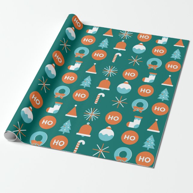 Modern Green und Orange Weihnachtssymbole Muster Geschenkpapier (Ungerollt)
