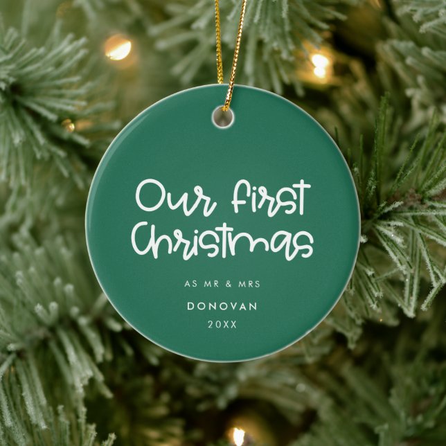 Modern Green Unser erstes Verheiratetes Foto zu We Keramik Ornament (Baum)