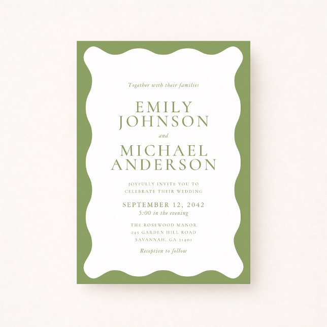 Modern Green Wavy Frame Wedding Invitation Einladung (Von Creator hochgeladen)