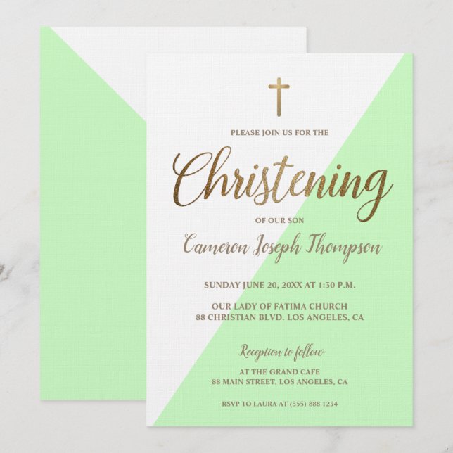 Modern Green White Gold Christening Baby Boy Einladung (Vorne/Hinten)