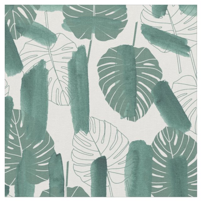 Modern Green White Monstera Blätter Pinselstriche Stoff (Nahaufnahme)