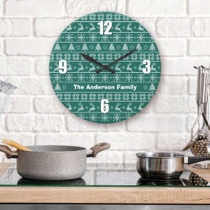 Modern Green White Nordic Knit Ugly Sweater Name Große Wanduhr