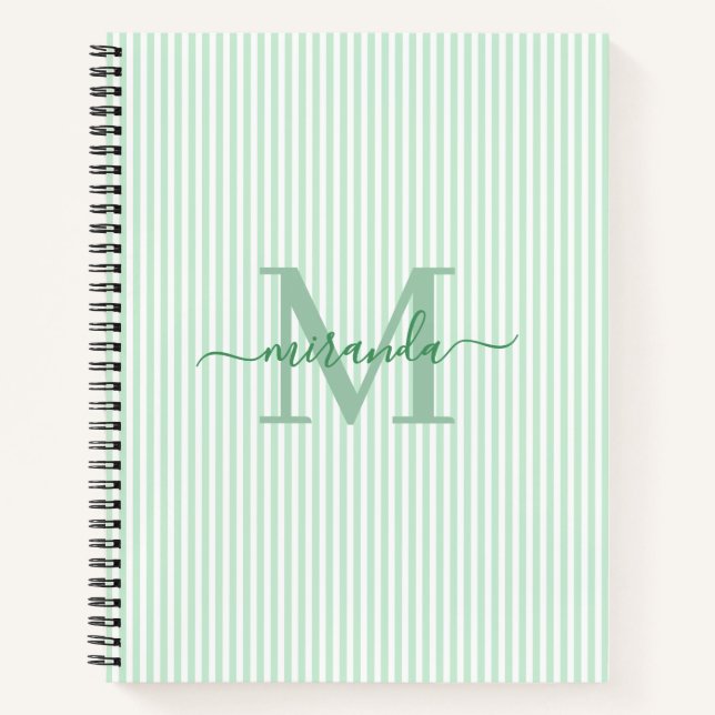 Modern Green & White Stripes Monogram Name Notizbuch (Vorderseite)