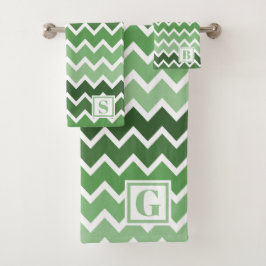 Modern Green White Zigzag Lines Monogram Badhandtuch Set