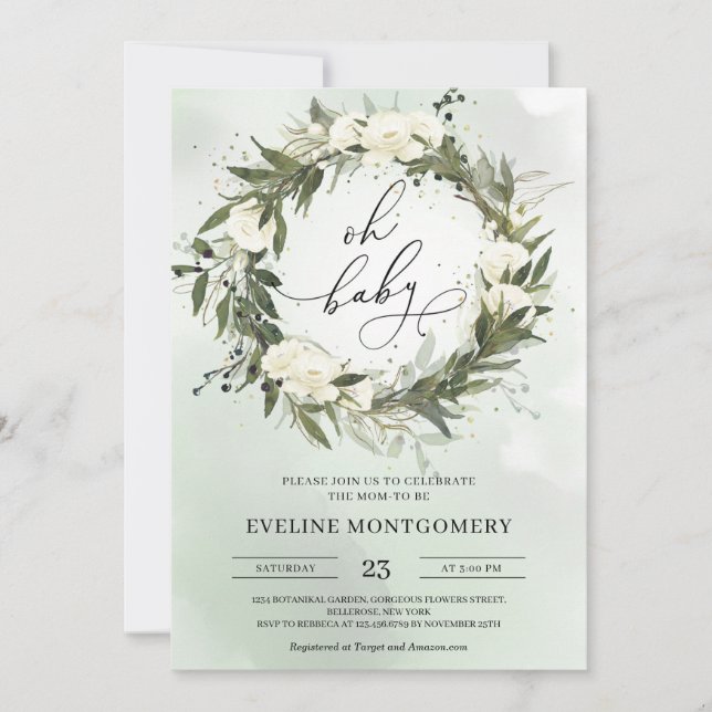 Modern Green Wreath White Roses Oh Babydusche Einladung (Vorderseite)
