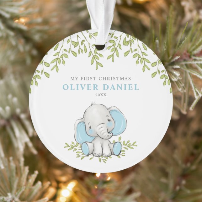 Modern Greenerie Elefant Junge Erste Weihnachten Ornament (Baum)