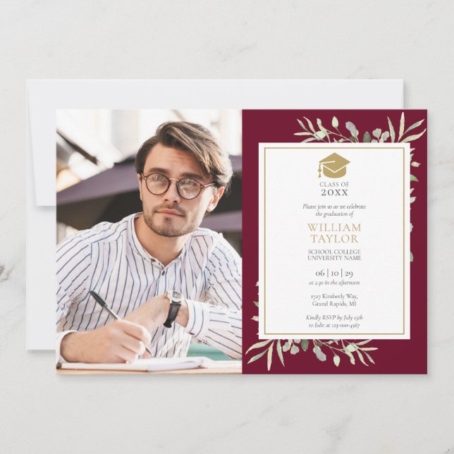 Modern Greenery Burgundy Graduation Party Foto Einladung (Vorderseite)