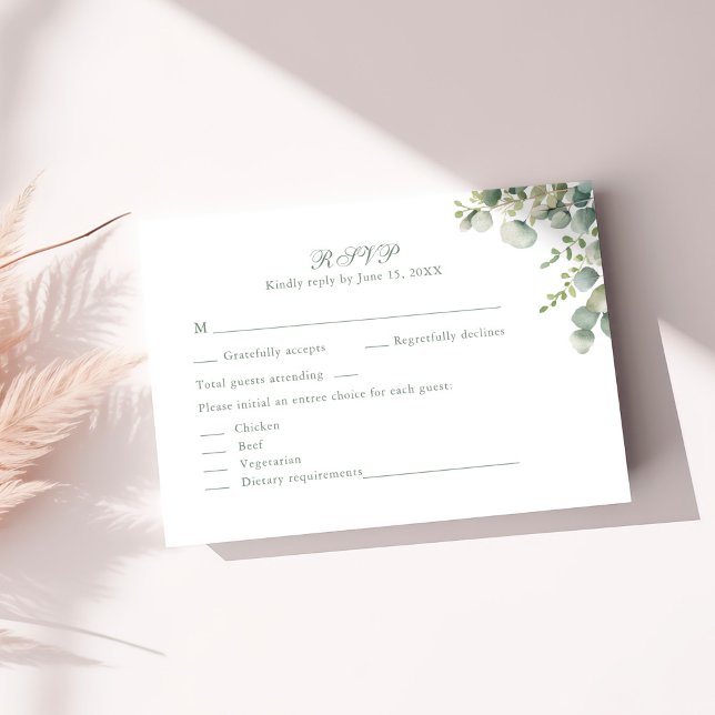 Modern Greenery Eucalyptus Wedding RSVP Card Karte (Modern Greenery Eucalyptus Wedding RSVP Card on a sunny table with dry botanicals)