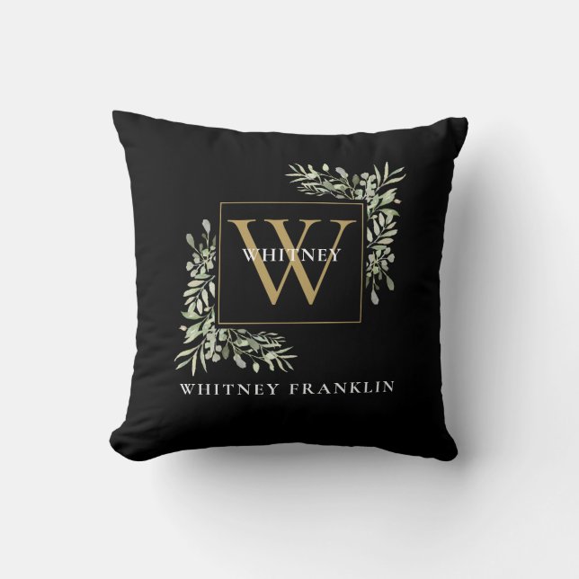 Modern Greenery Foliage Black Gold Monogram Kissen (Vorderseite)