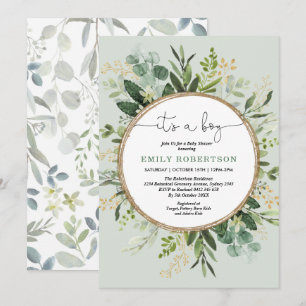 Modern Greenery Gold Botanical Baby Boy Dusche Einladung