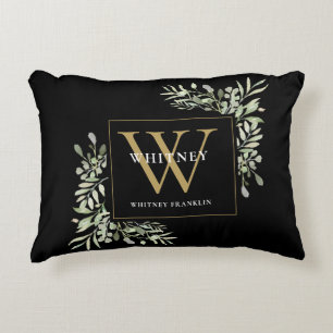 Modern Greenery Gold Initial Monogram Black Dekokissen