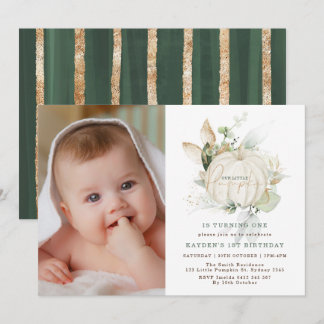 Modern Greenery Gold Little Pumpkin Geburtstag Fot Einladung