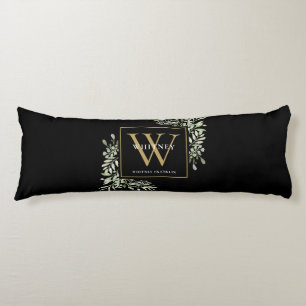 Modern Greenery Gold Monogram Black Seitenschläferkissen