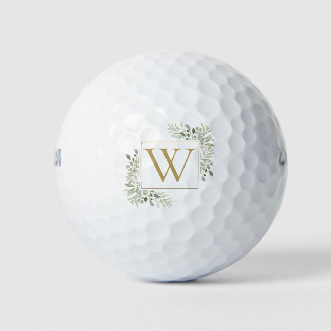 Modern Greenery Watercolor Gold Monogram Golfball (Vorderseite)