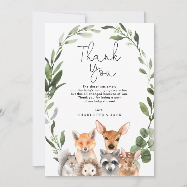 Modern Greenery Woodland Animals Baby Dusche Gefal Dankeskarte (Vorderseite)