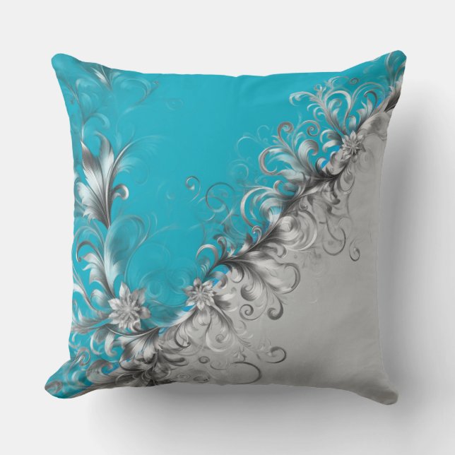 Modern Grey and Turquoise Decorative Silver Pillow Kissen (Vorderseite)