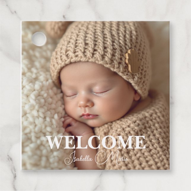  Modern Grey and White Photo Birth Announcement Geschenkanhänger (Vorderseite)