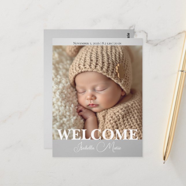  Modern Grey and White Photo Birth Announcement Postkarte (Vorderseite/Rückseite Beispiel)