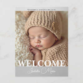 Modern Grey and White Photo Birth Announcement Postkarte
