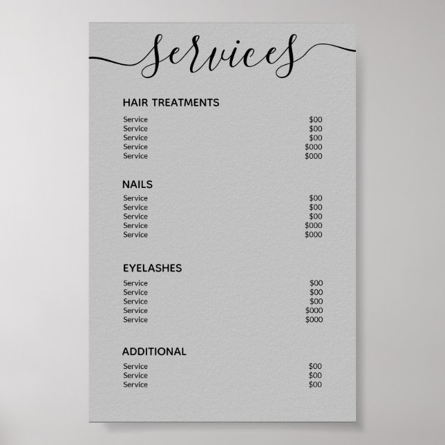 Modern Grey Black Salon Price List Service Menu Poster (Vorne)