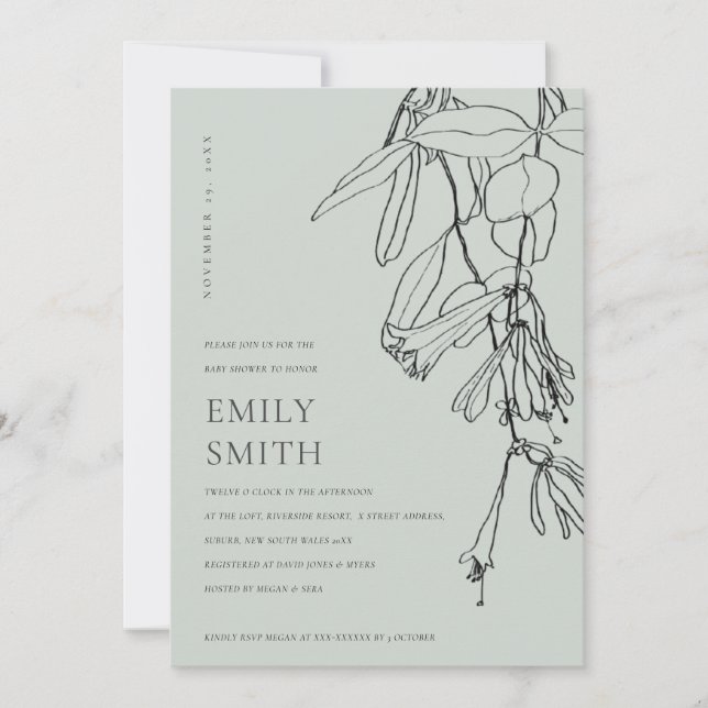 MODERN GREY LINE DRAWING FLORAL BABY SHOWER CARD DANKESKARTE (Vorderseite)