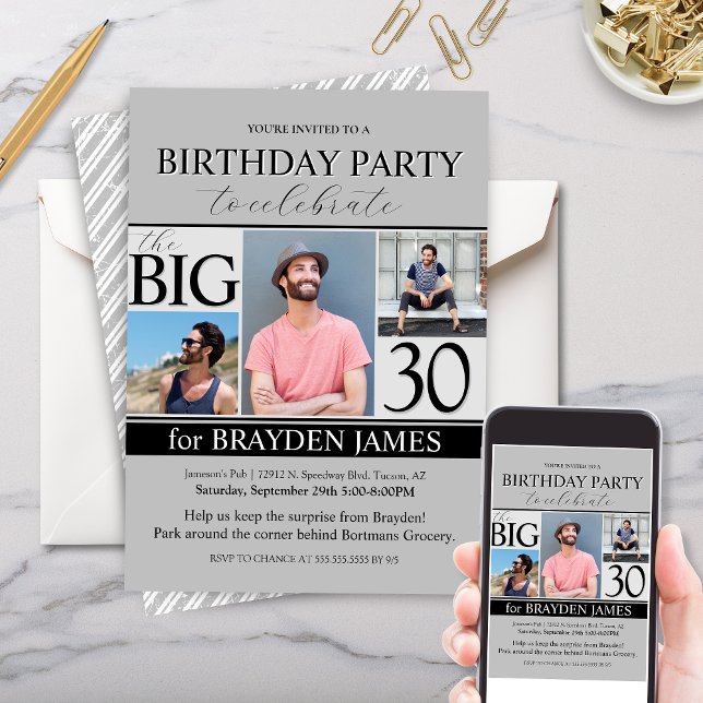 Modern Grey Photo Collage 30th Birthday Invitation (birthday party invitation with simple grey, black and white color theme for 30th birthday or any age)