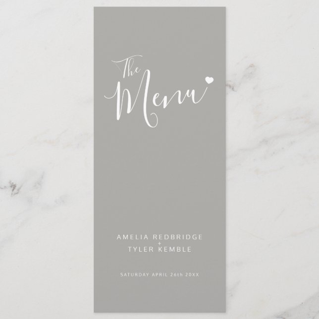 Modern grey text white heart simple wedding menu menükarte (Vorderseite)